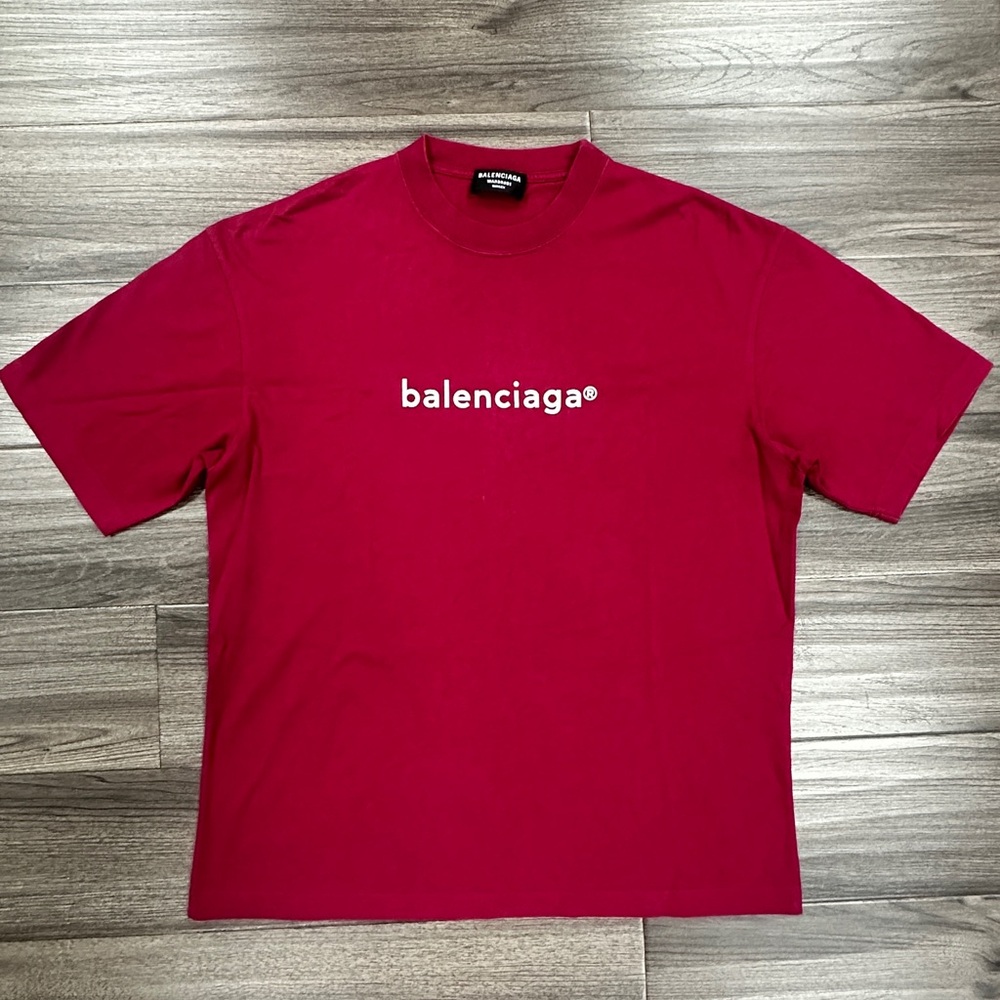 Authentic Balenciaga Oversized Mock Neck Logo Unisex T-Shirt – Deep Red– Size XS